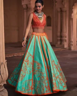 Sea Green Big Floral Print and Embroidered Lehenga Set