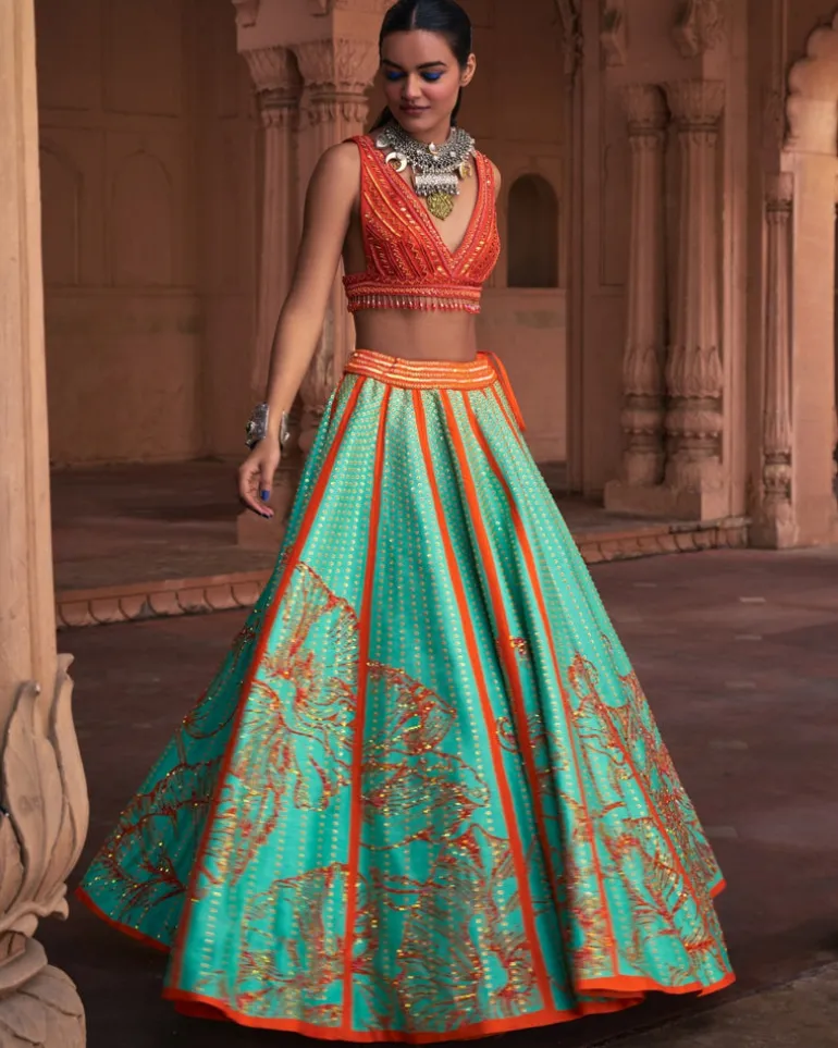 Sea Green Big Floral Print and Embroidered Lehenga Set