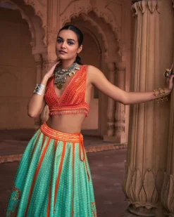 Sea Green Big Floral Print and Embroidered Lehenga Set