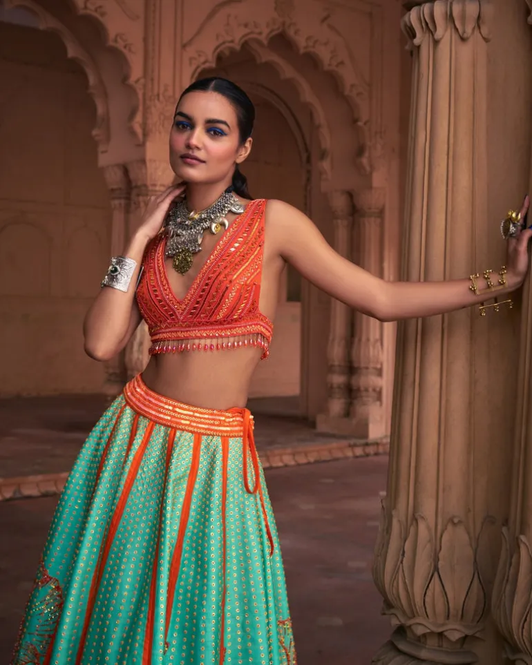 Sea Green Big Floral Print and Embroidered Lehenga Set