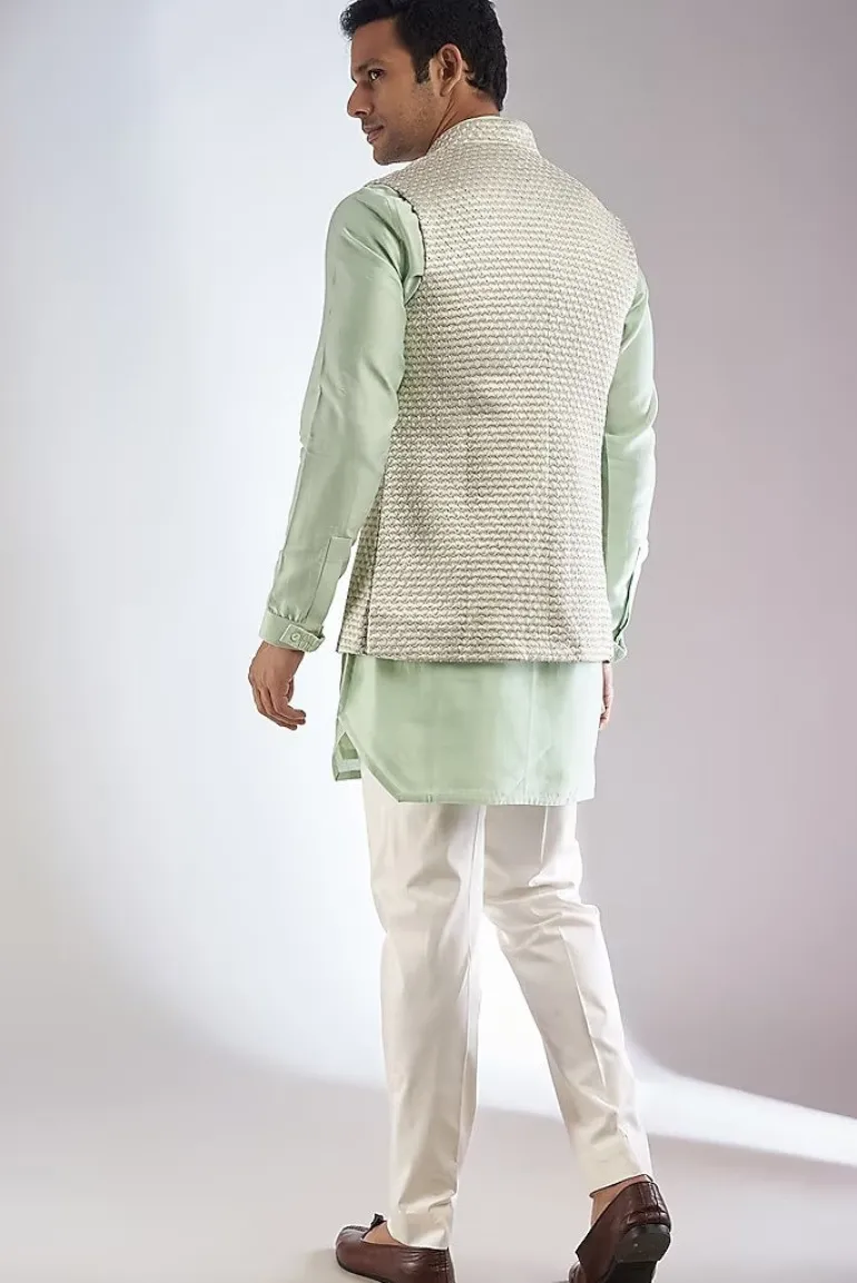 Sea Green Embroidered Kurta Set With Bandi