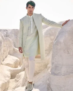 Sea Green Pearl Open Sherwani Set