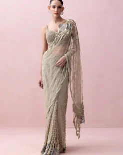 Sea Green Pre-Stitched Sari With Rose Applique And Corset Blouse