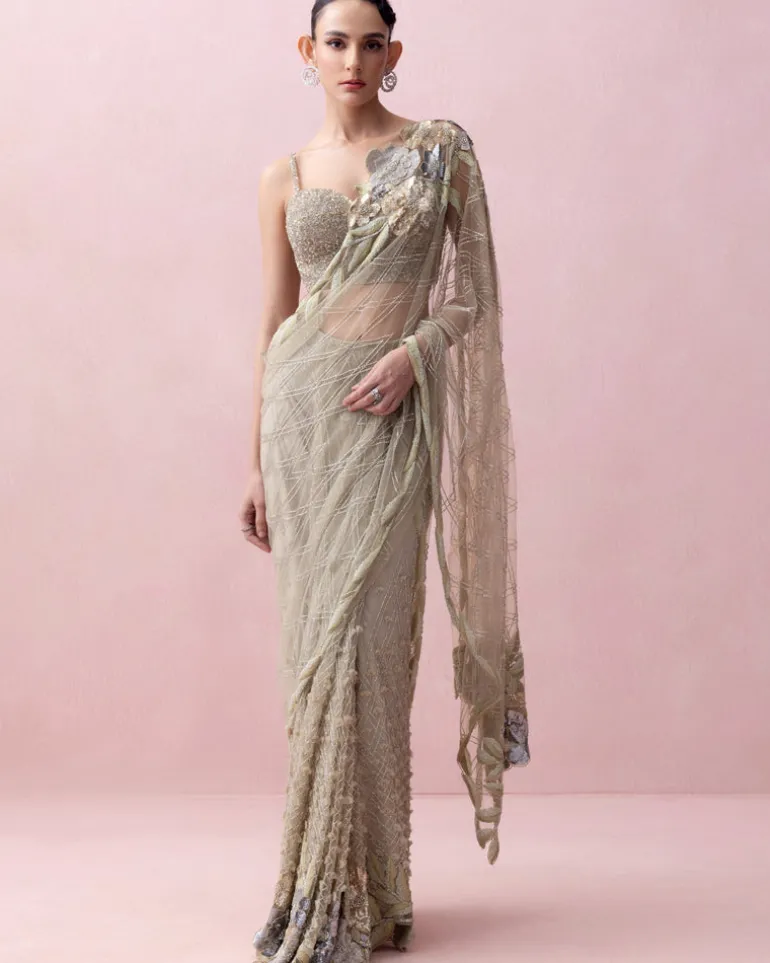 Sea Green Pre-Stitched Sari With Rose Applique And Corset Blouse