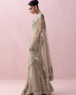 Sea Green Pre-Stitched Sari With Rose Applique And Corset Blouse