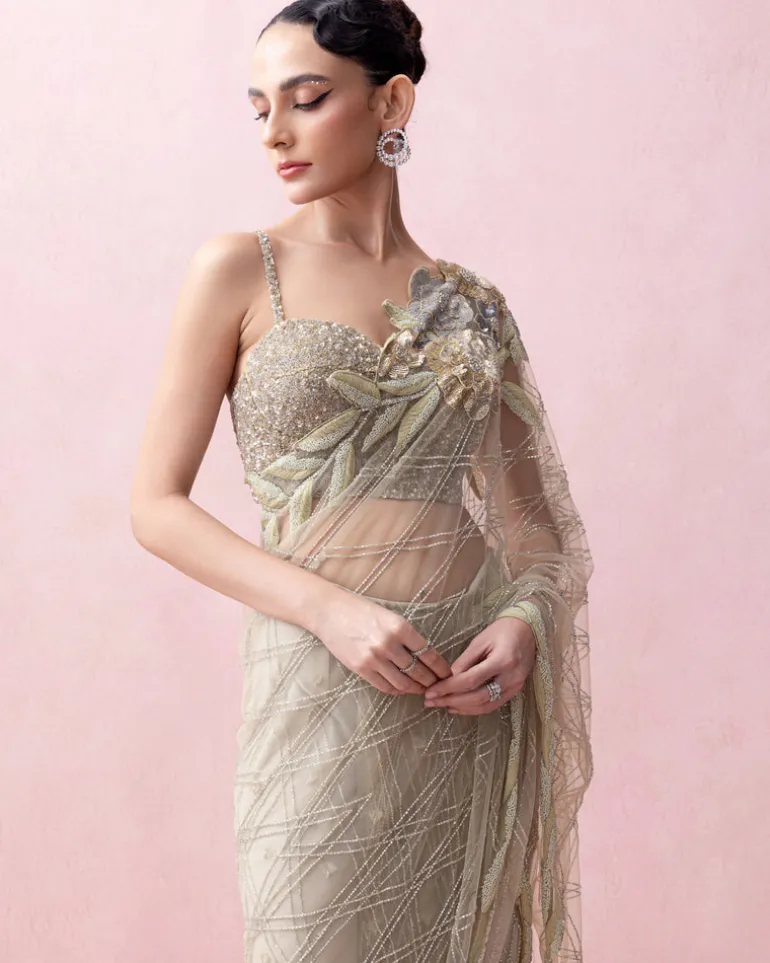 Sea Green Pre-Stitched Sari With Rose Applique And Corset Blouse