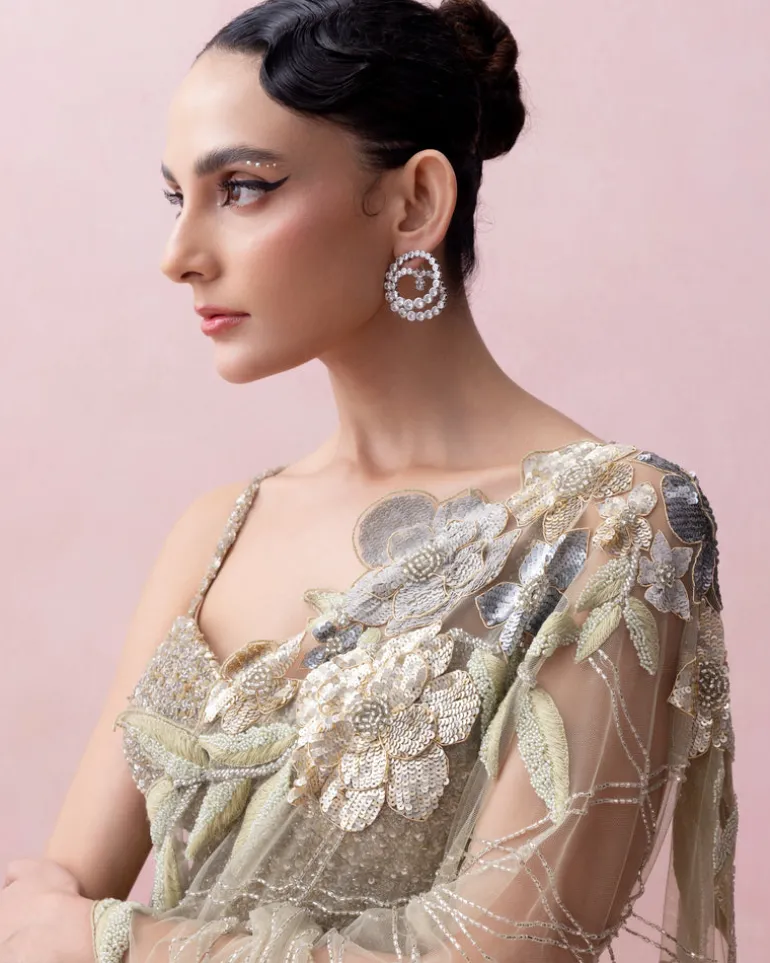 Sea Green Pre-Stitched Sari With Rose Applique And Corset Blouse