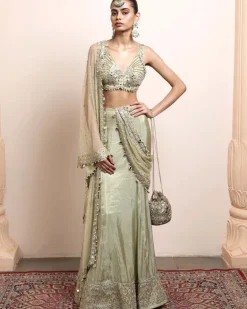 Sea Green Silk Tissue Godet Sari Set