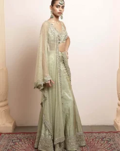 Sea Green Silk Tissue Godet Sari Set
