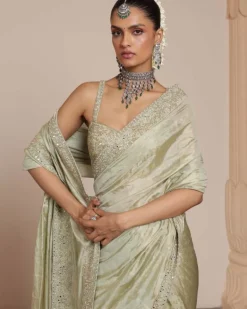 Sea Green Silk Tissue Sari Set