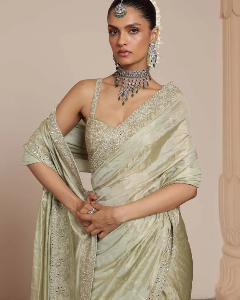 Sea Green Silk Tissue Sari Set