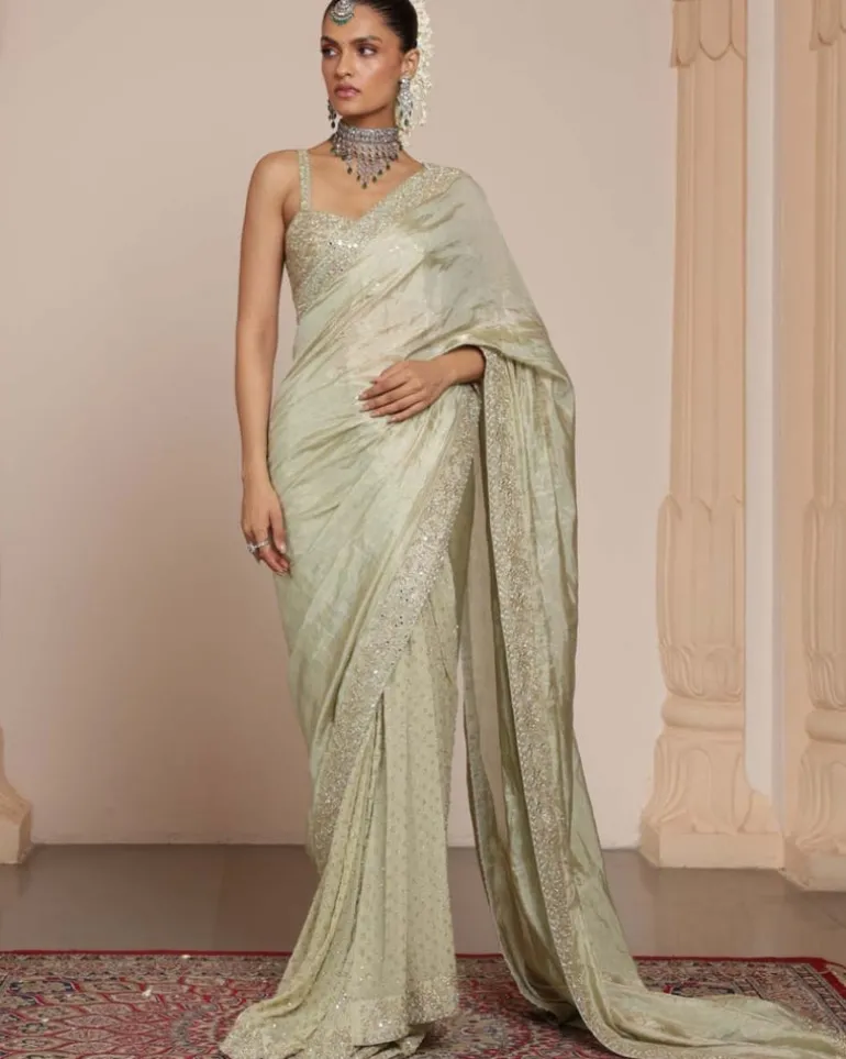 Sea Green Silk Tissue Sari Set