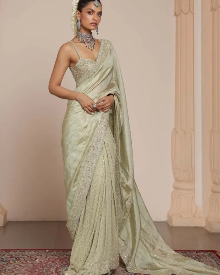 Sea Green Silk Tissue Sari Set