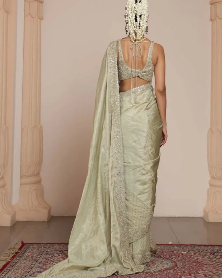 Sea Green Silk Tissue Sari Set