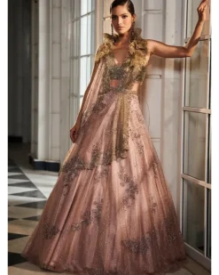 Seonna Pale Peach And A Jade Green Ombre Shimmer Tulle Lehenga Set