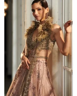 Seonna Pale Peach And A Jade Green Ombre Shimmer Tulle Lehenga Set
