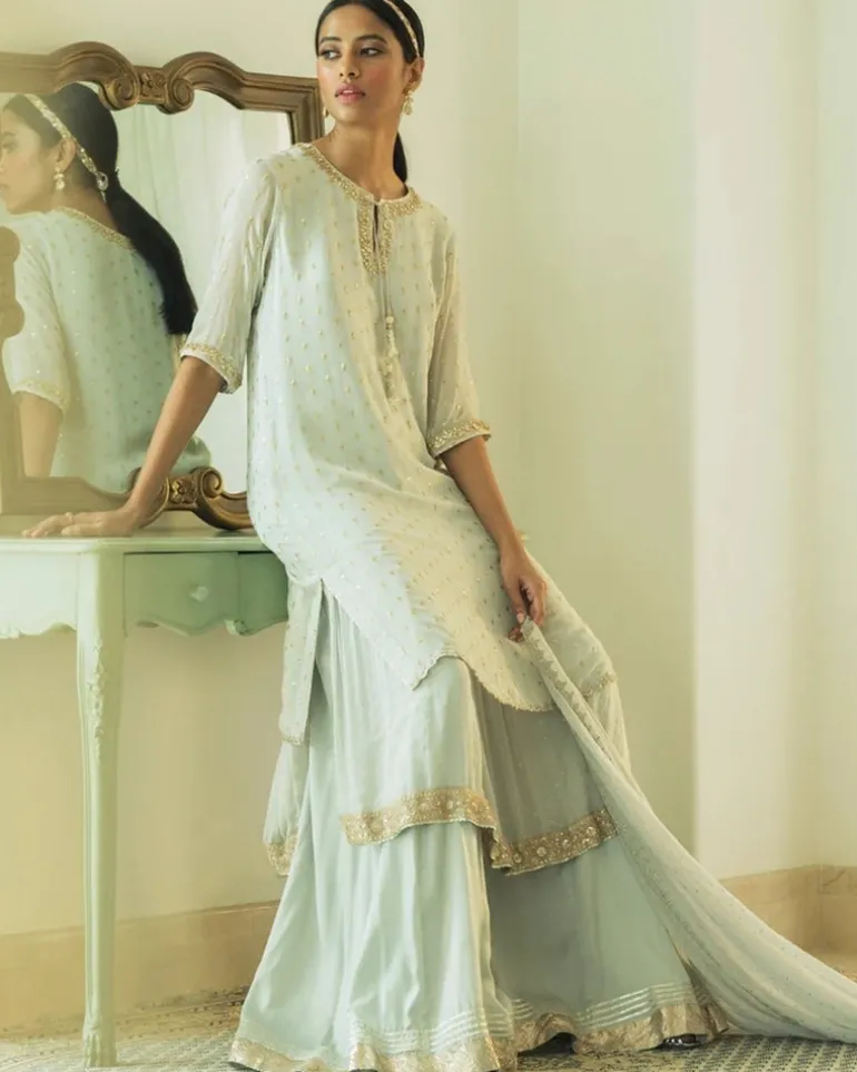 Sequin And Mukaish Layered Kurta Set