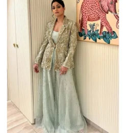 Shazia Mint Embroidered Blazer And Bustier With Sharara Set