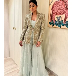 Shazia Mint Embroidered Blazer And Bustier With Sharara Set