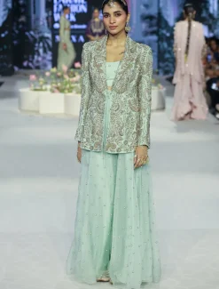 Shazia Mint Embroidered Blazer And Bustier With Sharara Set