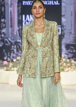 Shazia Mint Embroidered Blazer And Bustier With Sharara Set