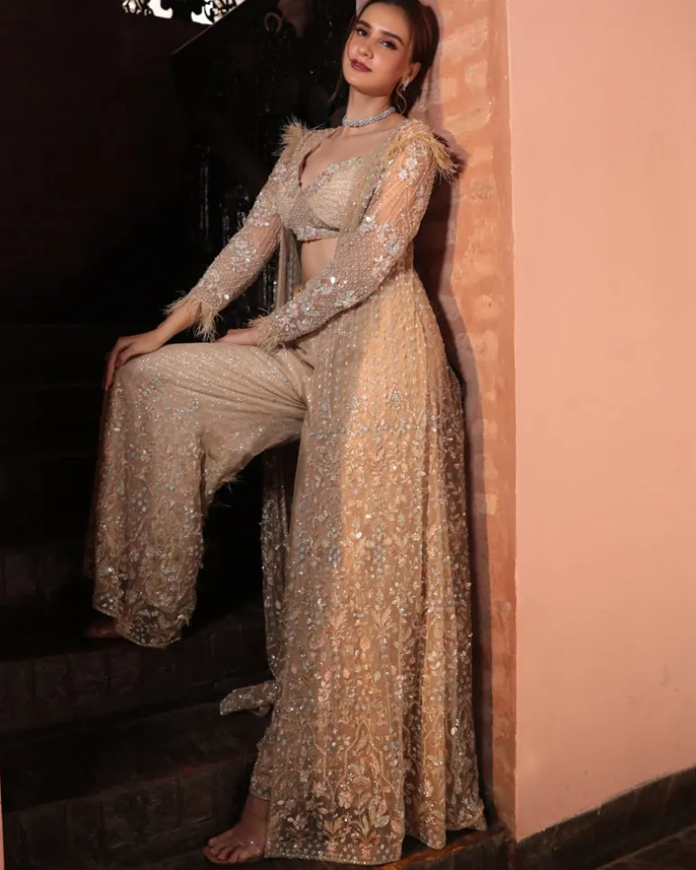 Shimmer Gray Jacket Sharara Set