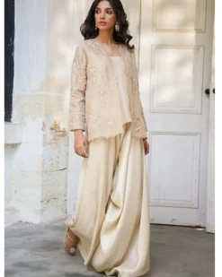 Short Embroidered Borgia With Drape Pant Set