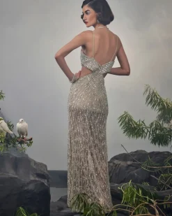Silver Beaded Cutout Gown