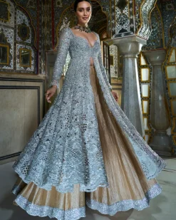 Silver Cut Work Jacket Sharara Set