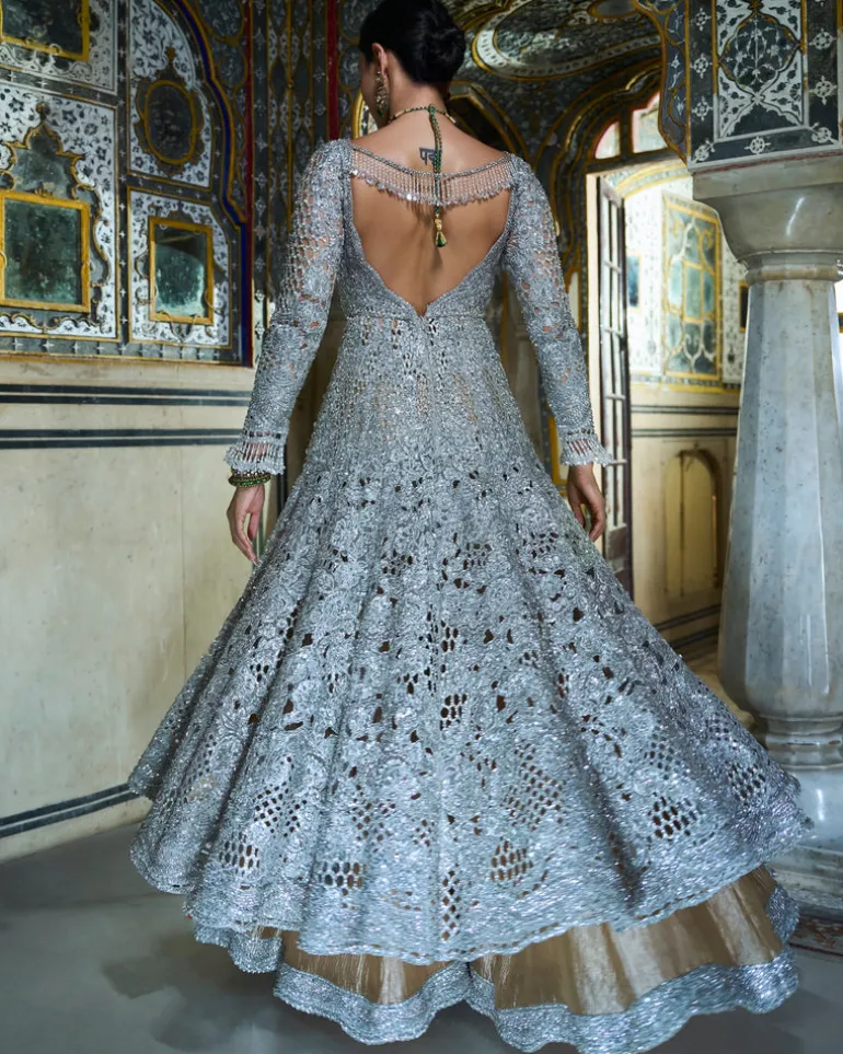 Silver Cut Work Jacket Sharara Set