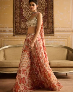 Silver Embroidered Blouse And Orange Cosmic Floral Jaal Sharara Set