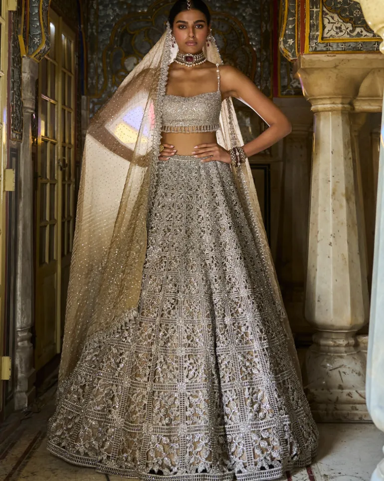 Silver Geometric Cut work Lehenga