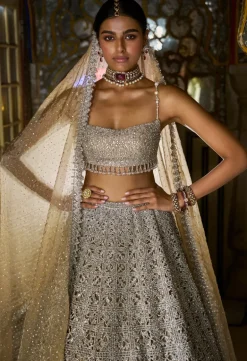 Silver Geometric Cut work Lehenga
