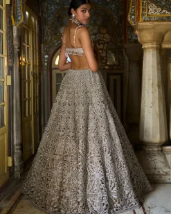 Silver Geometric Cut work Lehenga