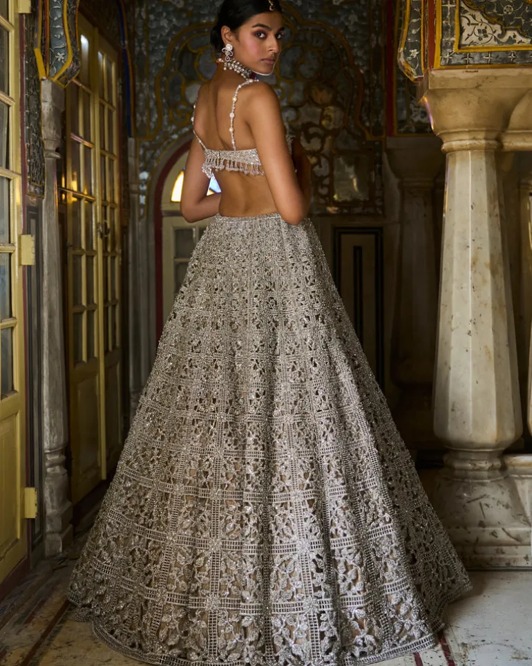 Silver Geometric Cut work Lehenga