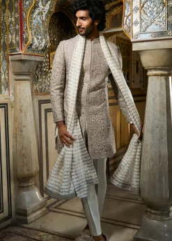 Silver Geometric Sherwani Set