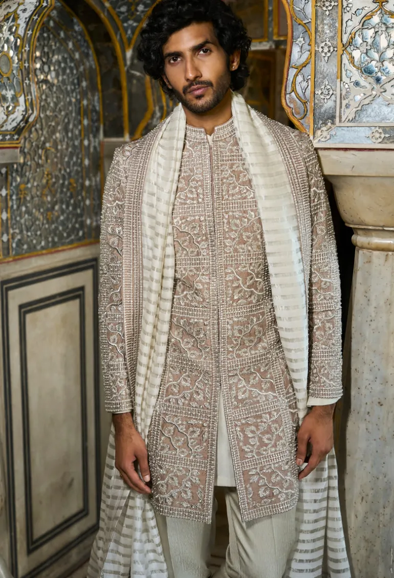 Silver Geometric Sherwani Set