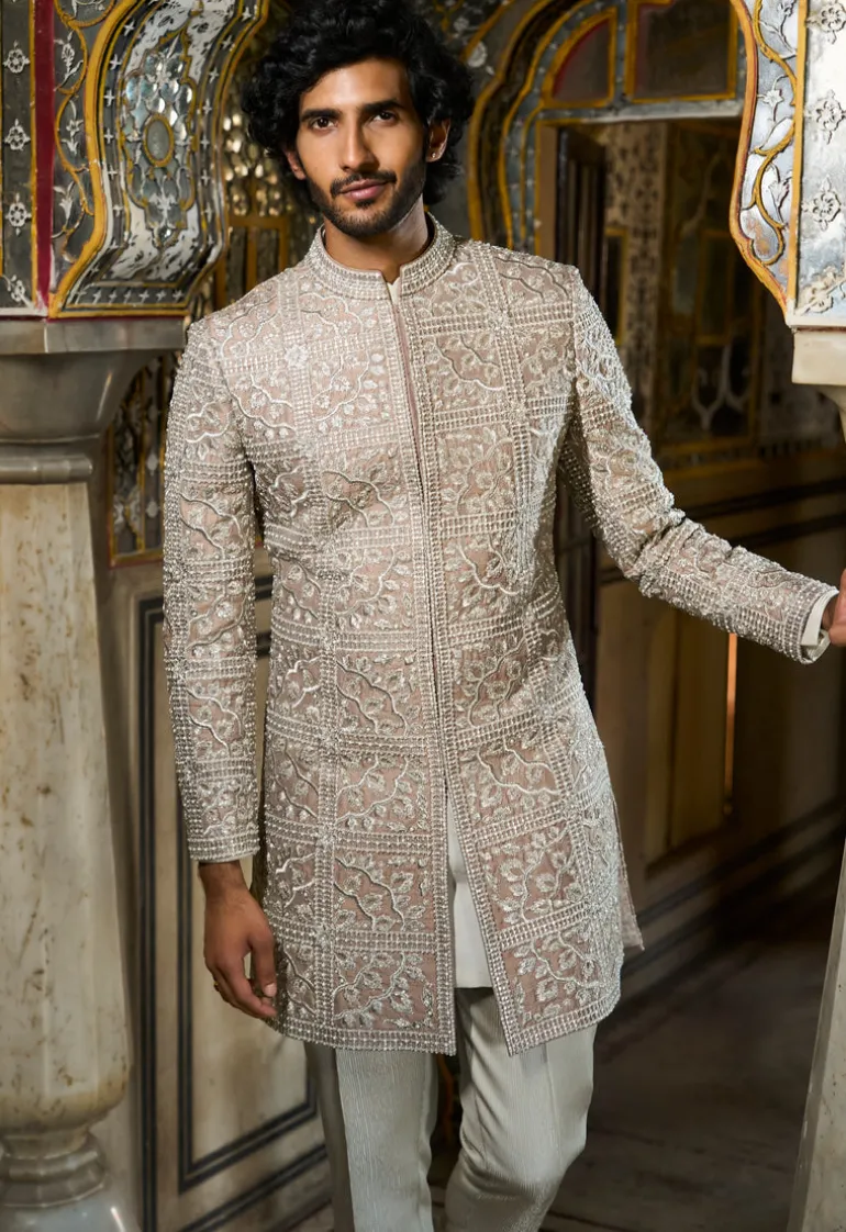 Silver Geometric Sherwani Set