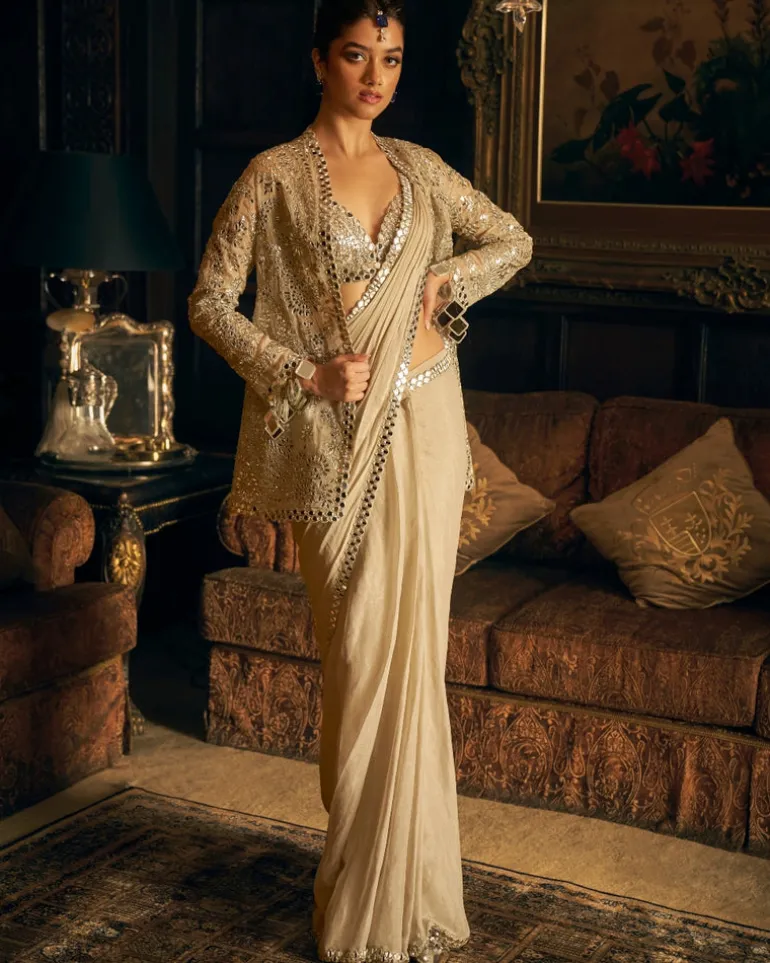 Silver Mirror Work Stitched Sari Set