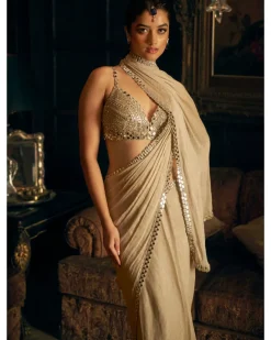 Silver Mirror Work Stitched Sari Set