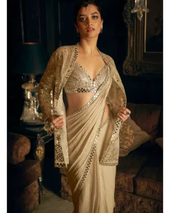 Silver Mirror Work Stitched Sari Set