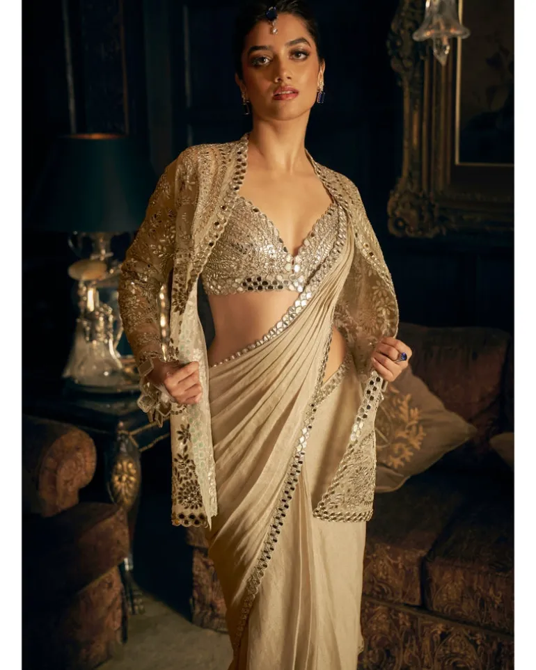 Silver Mirror Work Stitched Sari Set