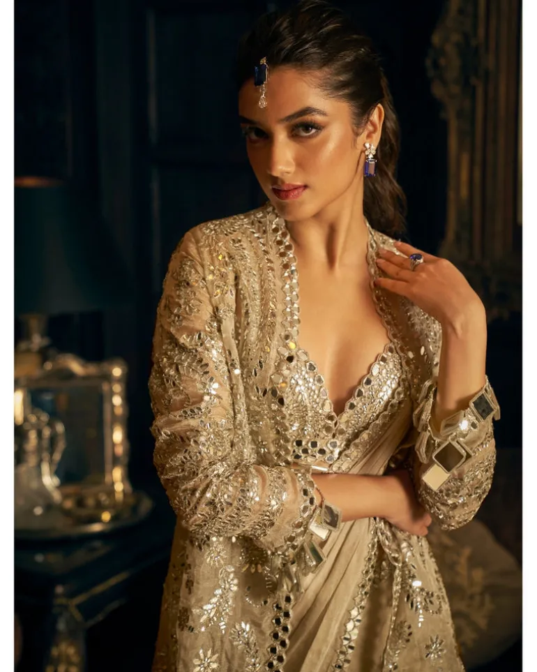 Silver Mirror Work Stitched Sari Set