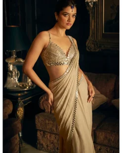 Silver Mirror Work Stitched Sari Set