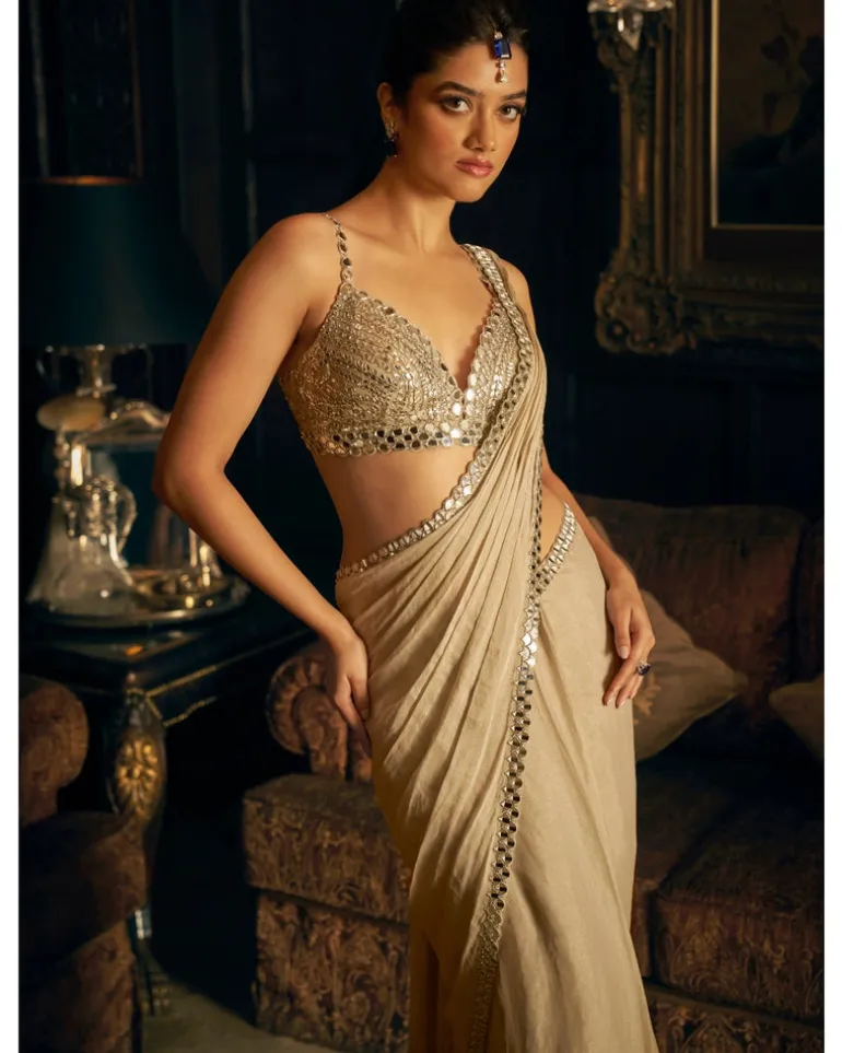 Silver Mirror Work Stitched Sari Set