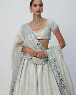 Silver Shimmer Organza Linear Lehenga Set