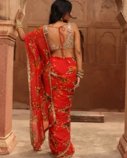 Sindoori Pine Print Hand Embroidered Sari Set