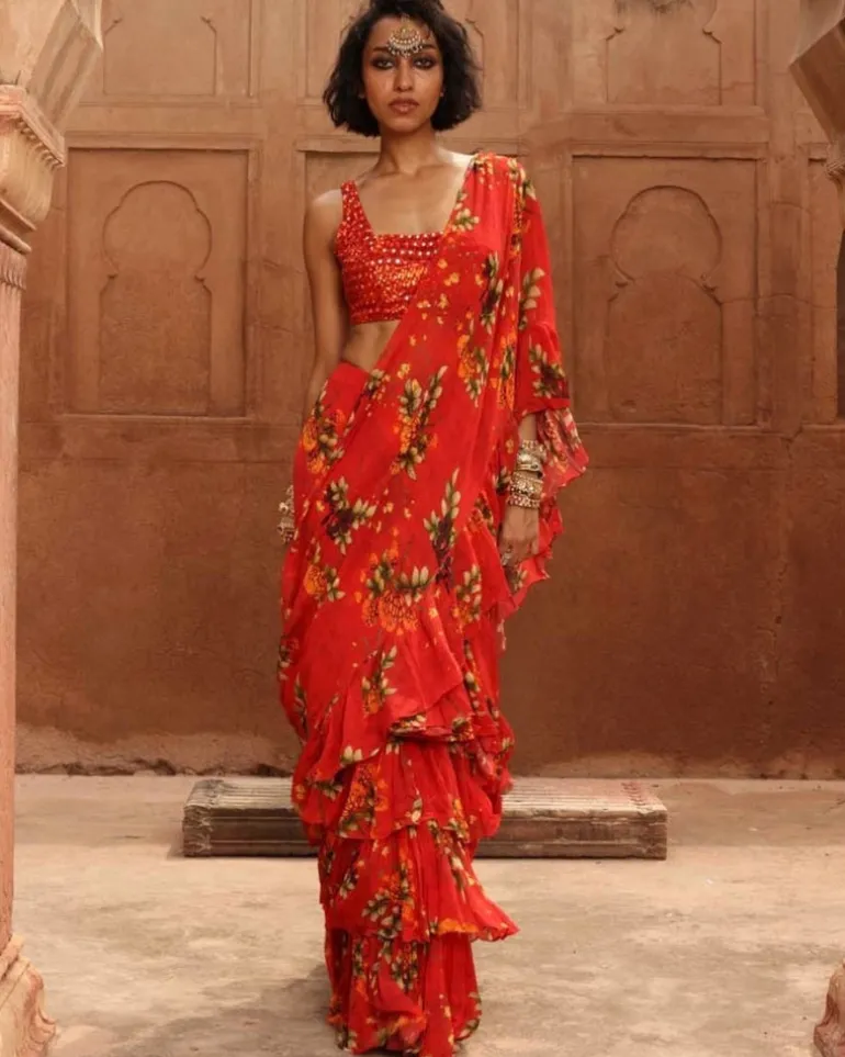 Sindoori Pine Print Sari With Embroidered Blouse Set