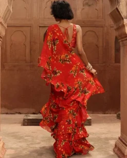 Sindoori Pine Print Sari With Embroidered Blouse Set