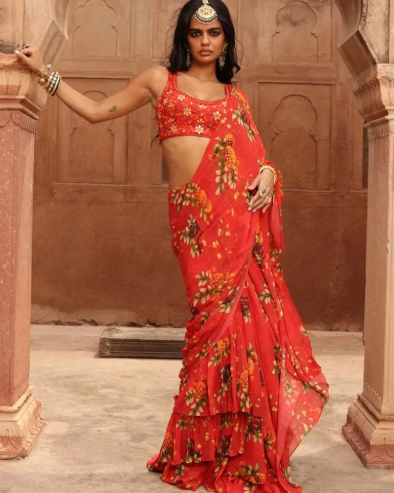 Sindoori Pine Print Tiered Ruffle Sari Set